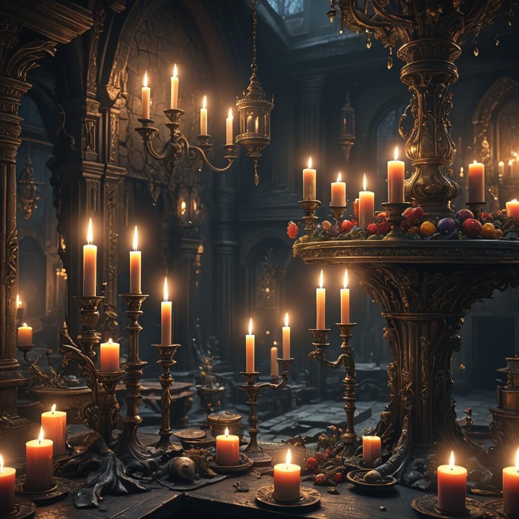 a candle light in a dark room with cod weds