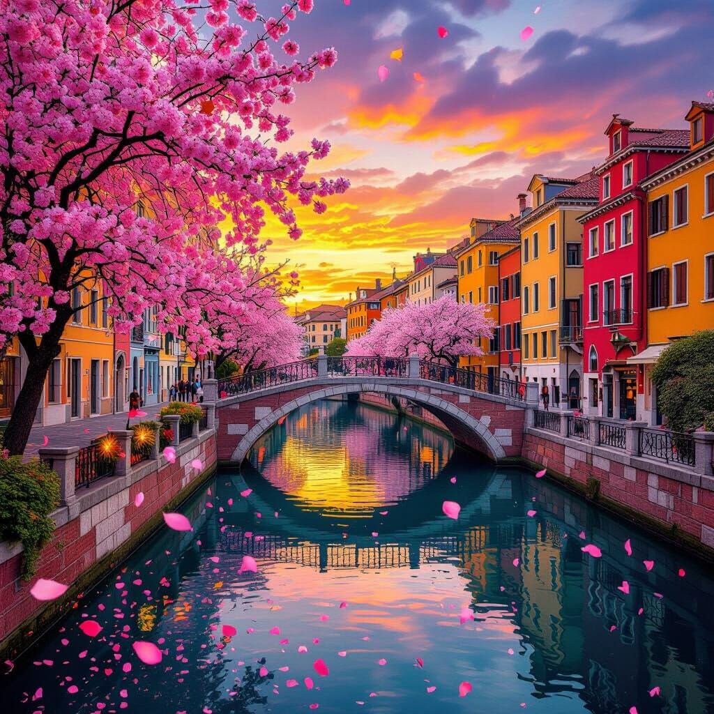 Vibrant Venice Canal with Cherry Blossoms and Sunset