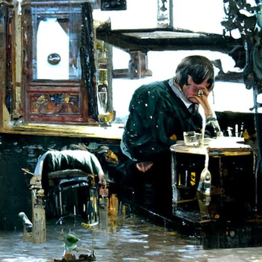 A sad bloke drinks himself sick in an East London pub in 1967 on a rainy day AI Generated