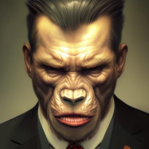 Ape in suit ,5D lighting,surreal fantasy art,detailed face