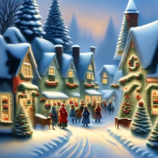 <lora:Thomas Kinkade:1.0> Christmas Village shops scenery with shops decorated with Christmas lights