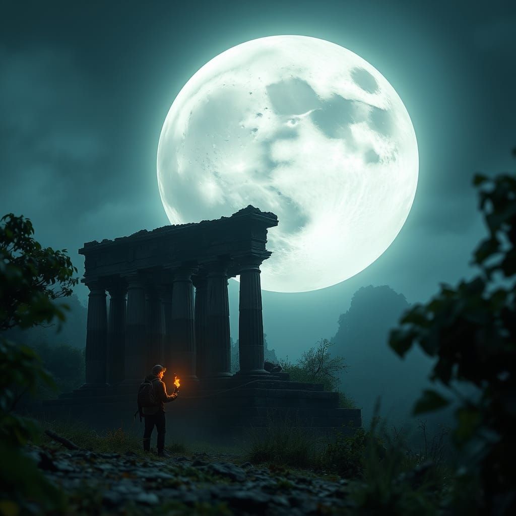 The image depicts a lone traveler at the crumbling edge of a forgotten temple, their torch casting a flickering light. What truly dominates ...