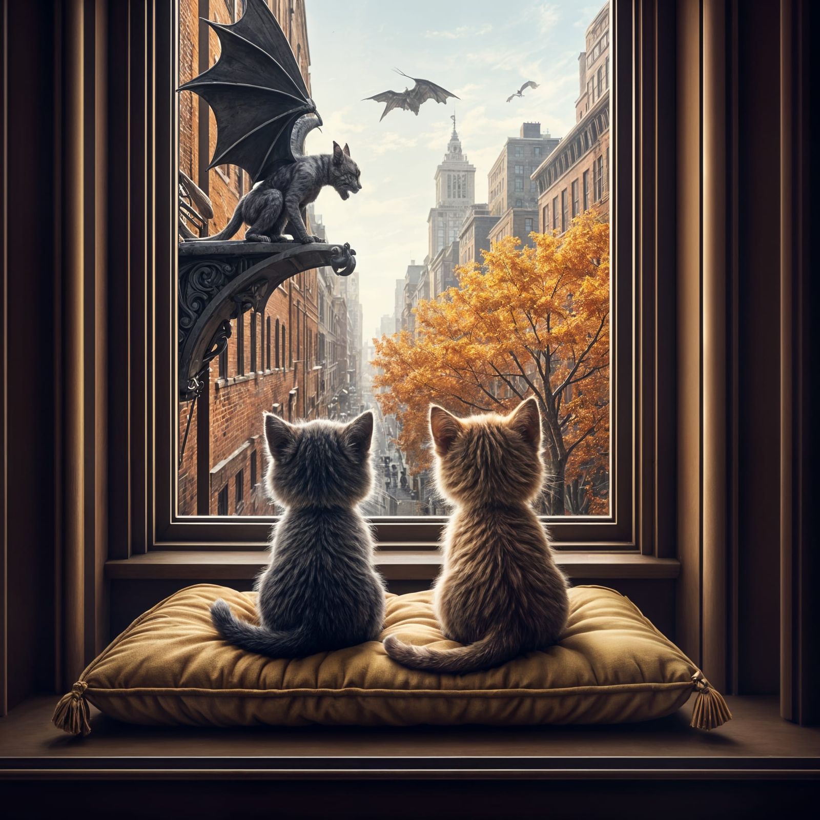 Two chibi kittens  on a cushion inside a third story old  Brooklyn brownstone,  window seat. They are ...  by @Jano