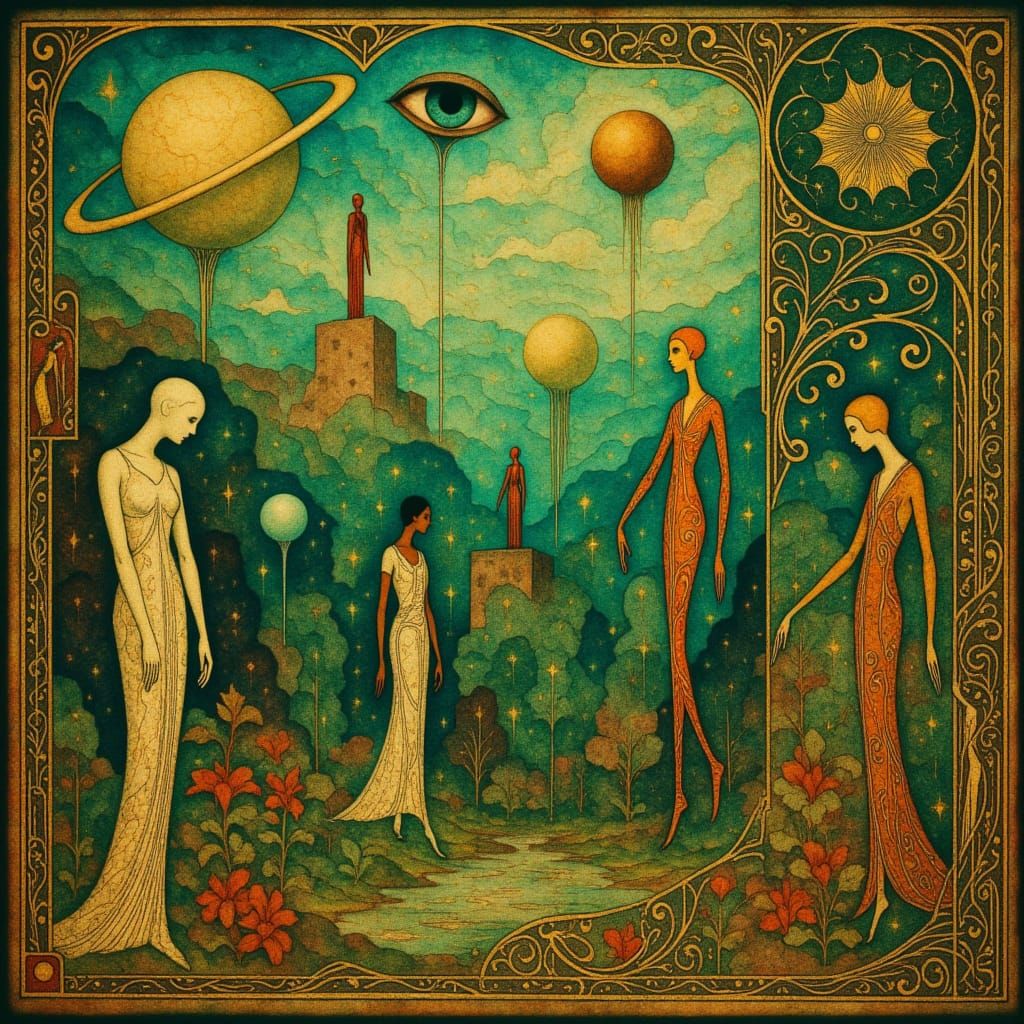 STYLE: "In style of James Jean + Remedios Varo + Zdzisław Beksiński, where Jean’s layered surrealism should create scattered floating chaos,...