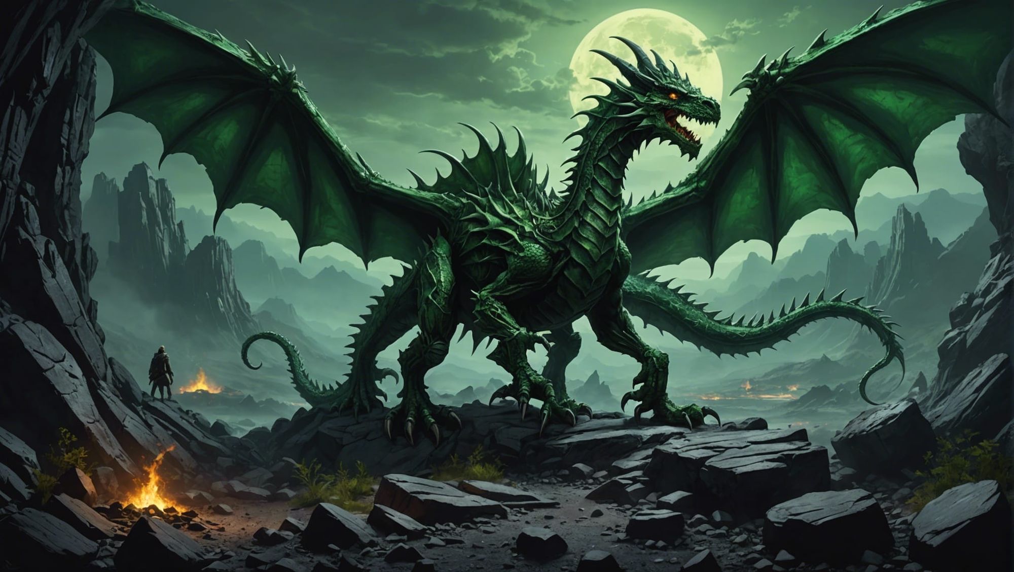 Green skeletal memento dragon returns to the underworld, concept art, 
dark rocky landscape, a new journey begins