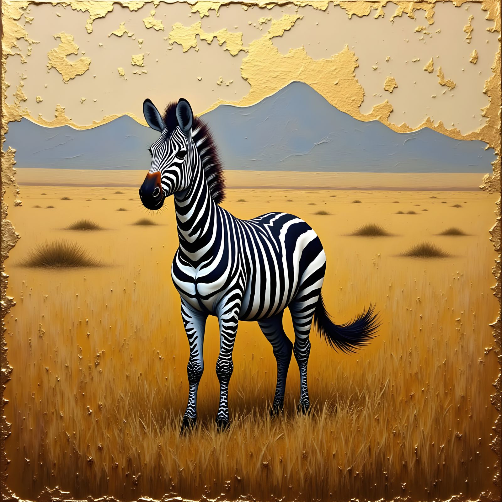 <lora:Matte and Shimmer:1.0>,  impasto painting of a zebra in a savanna, with gold detail