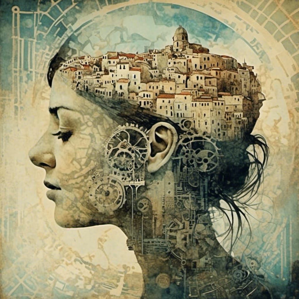 <lora:Nightmare Engine:1.0> Double Exposure of Santorini with woman’s head 