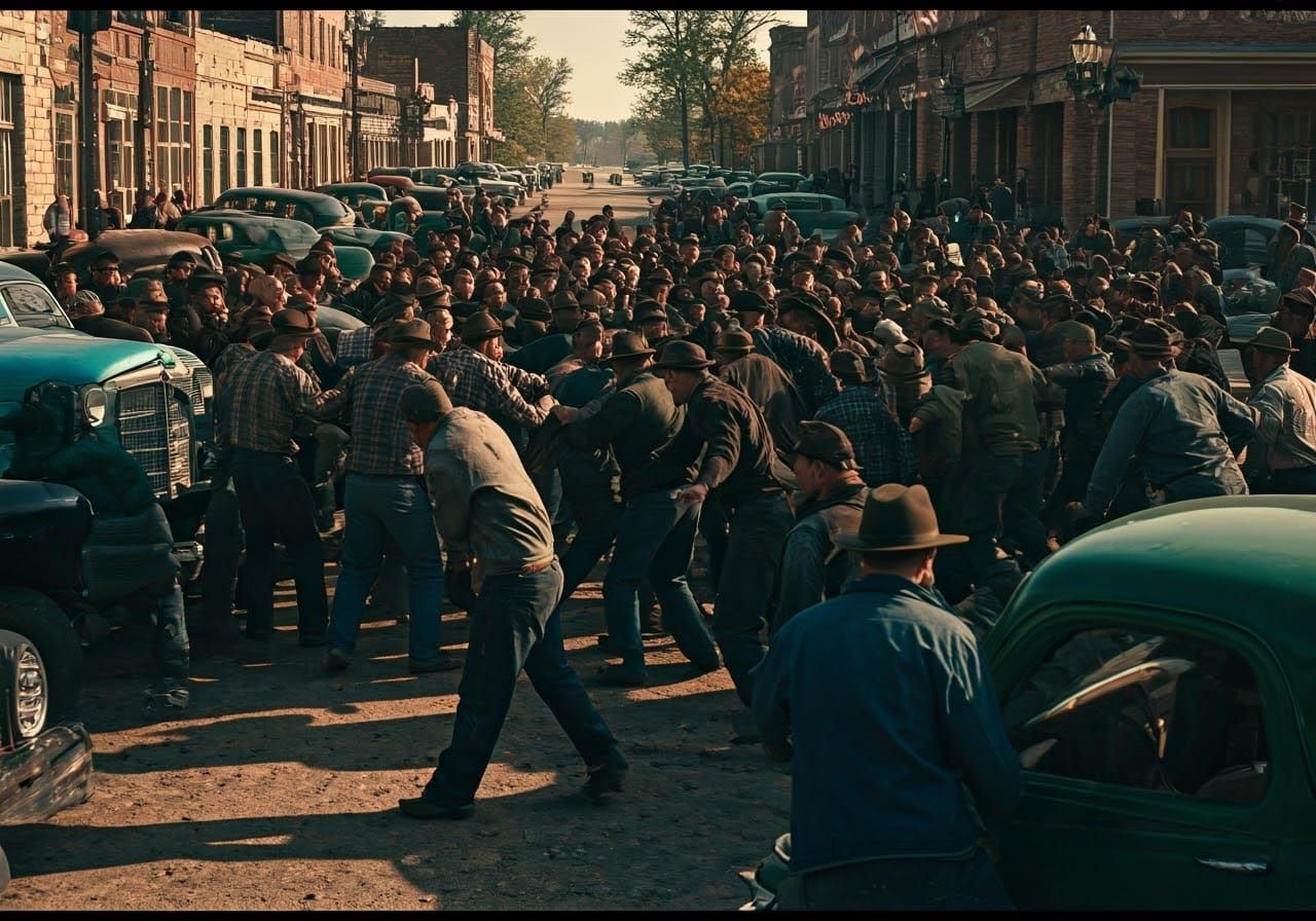 a brawl between dozens of men in a midwest town square in th...