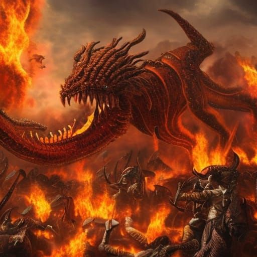 Fire demon fighting soldiers