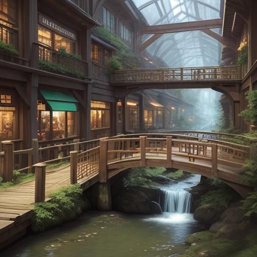 Wooden bridge, little stream in the Shopping Center. Fantasy...