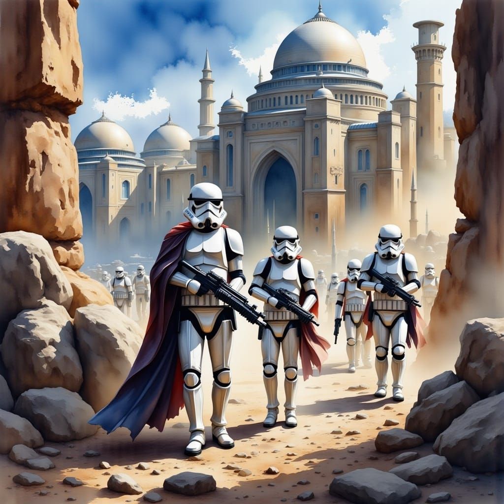 <lora:MOwatercolor Flux:1.0> A group of stormtroopers at an imperial outpost
