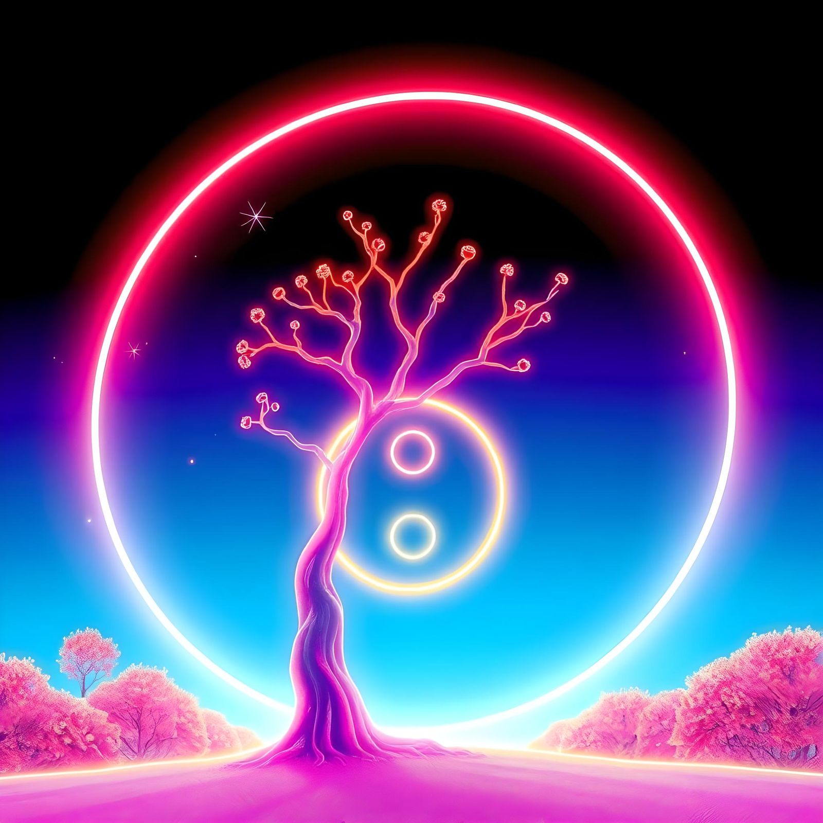 Low Angle, Lisa Frank wireframe neon, futuristic autumnal equinox, Yin