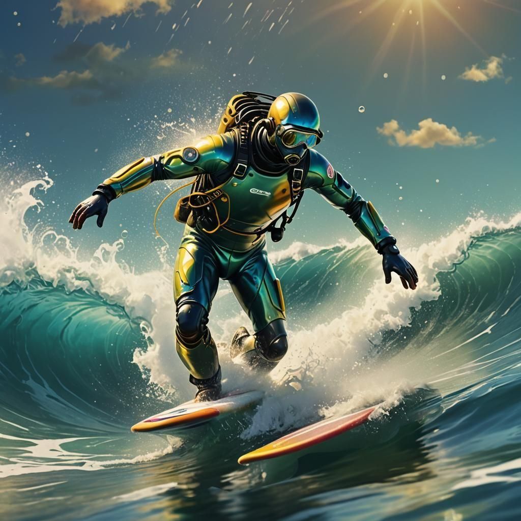 Surfer Rides Ocean Wave in Wetsuit