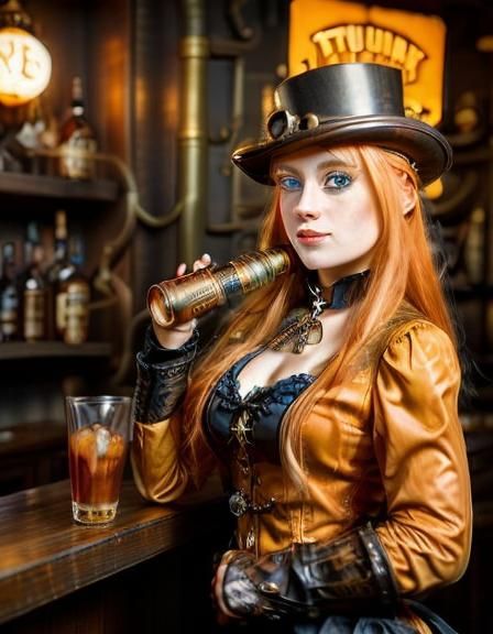 <lora:steampunk:1.0> portrait of pretty steampunk  woman, pretty eyes,  blond  hair , orange  dress, hat  ,bar, drinking"" steampunk engine 