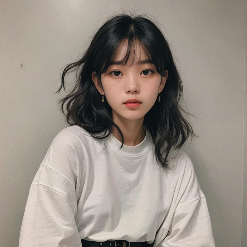 Japanese Woman with Flowing Hair by the Sea