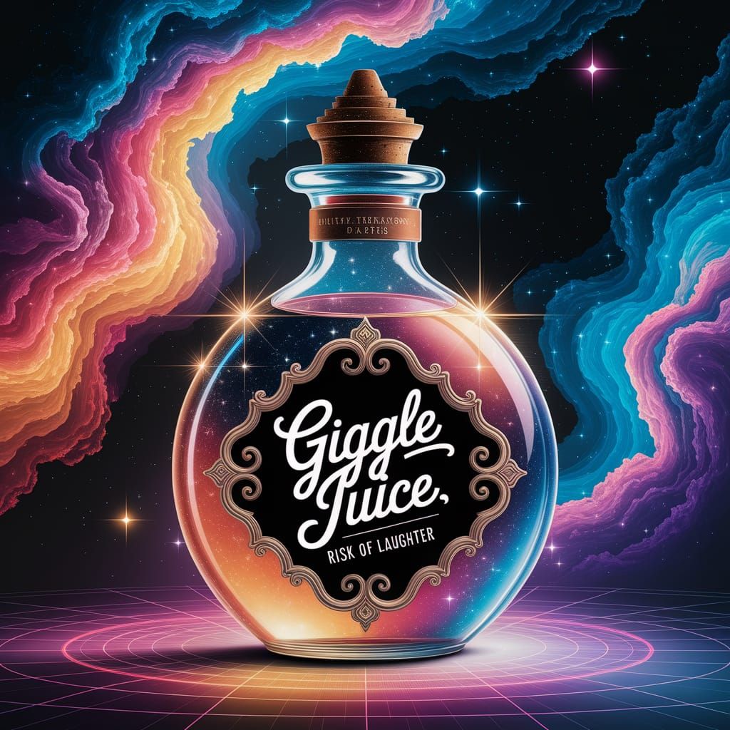 A vintage, ornate potion bottle filled with shimmering, golden liquid labeled with elegant cursive "Giggle ...  by @Bobbles52