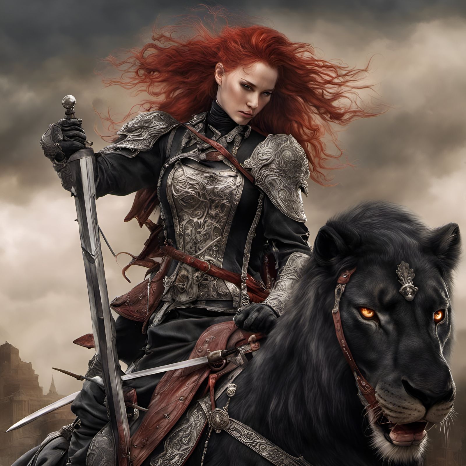 style of luis royo, red hair female assassin riding a large black lion ...