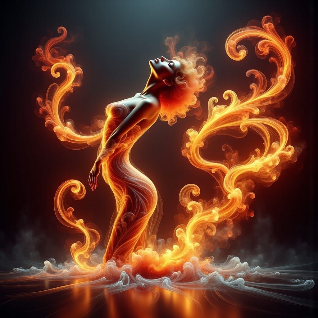 <lora:Ethereal Magic Flux:1.0> A 3D render of a woman made of  flames gracefully arching her back and reaching upwards. Her form is intertwi...