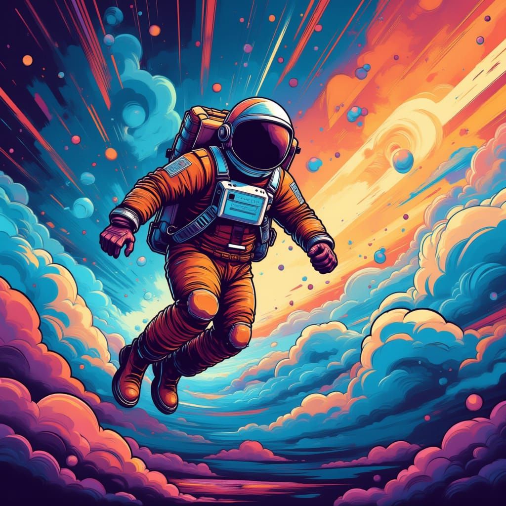 An astronaut floating in space, dynamic, colorful background <lora:Dynamic:1.0>