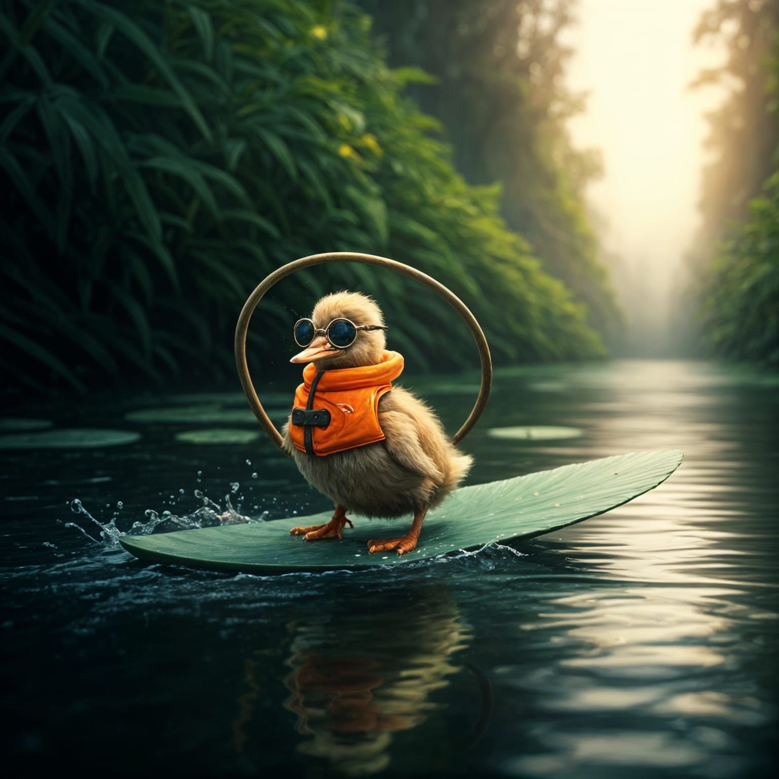 אפרוח ברווז עושה סקי נהר