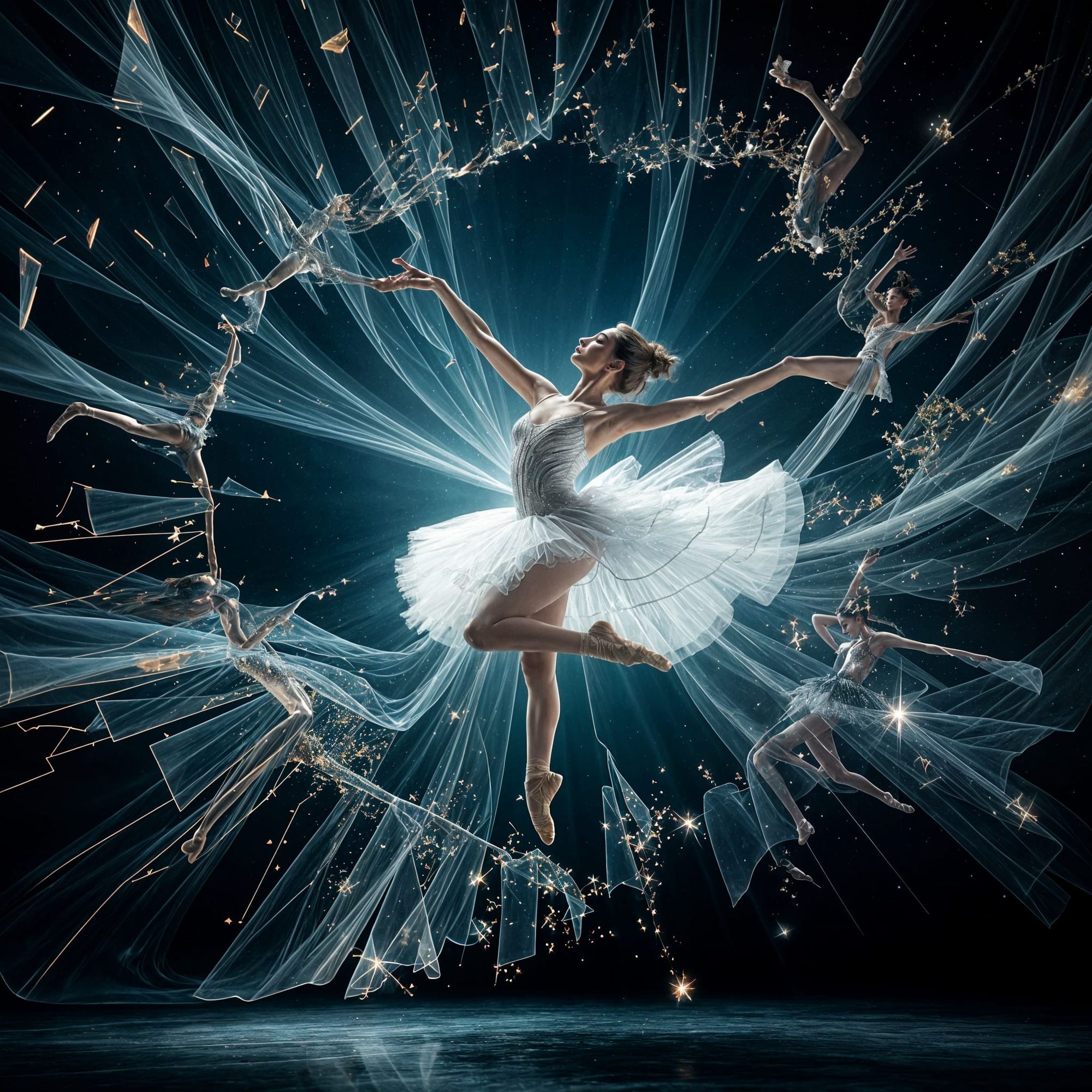 A surreal image of a graceful ballerina mid-leap, her delicate form smashing through a shimmering, fractured veil of reality. Behind her, th...