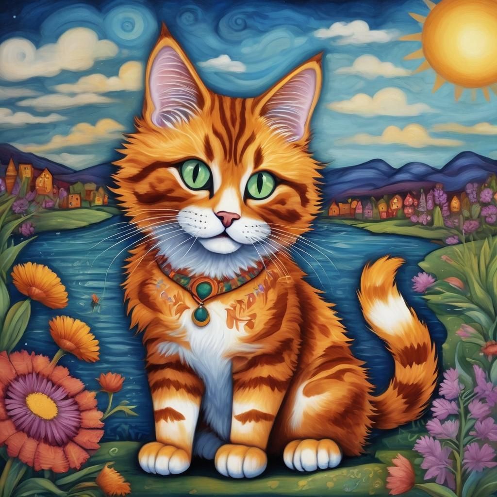 Whimsical Ginger Tabby Cat in Folk Art Style