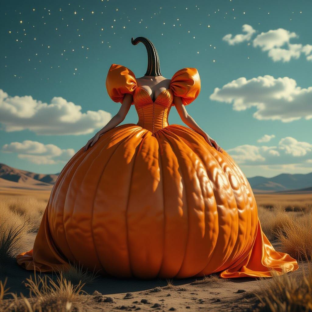 A humorous scene of a giant, photorealistic pumpkin wearing a ridiculously oversized, high-fashion gown. ...  by @Katimati
