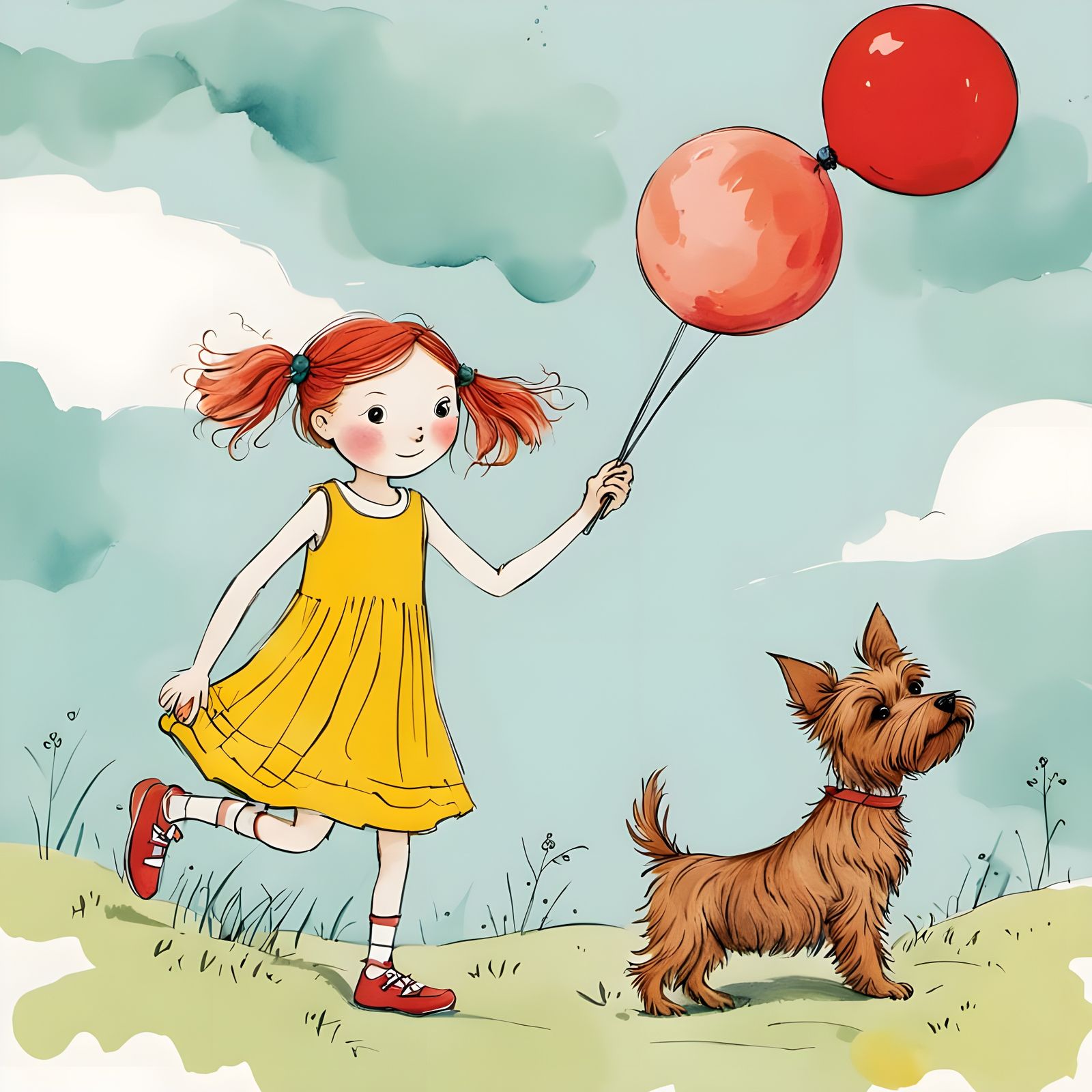 A little redheaded girl, with blue-green eyes wearing a bright yellow sundress, holding a red ball, walks alongside her ...