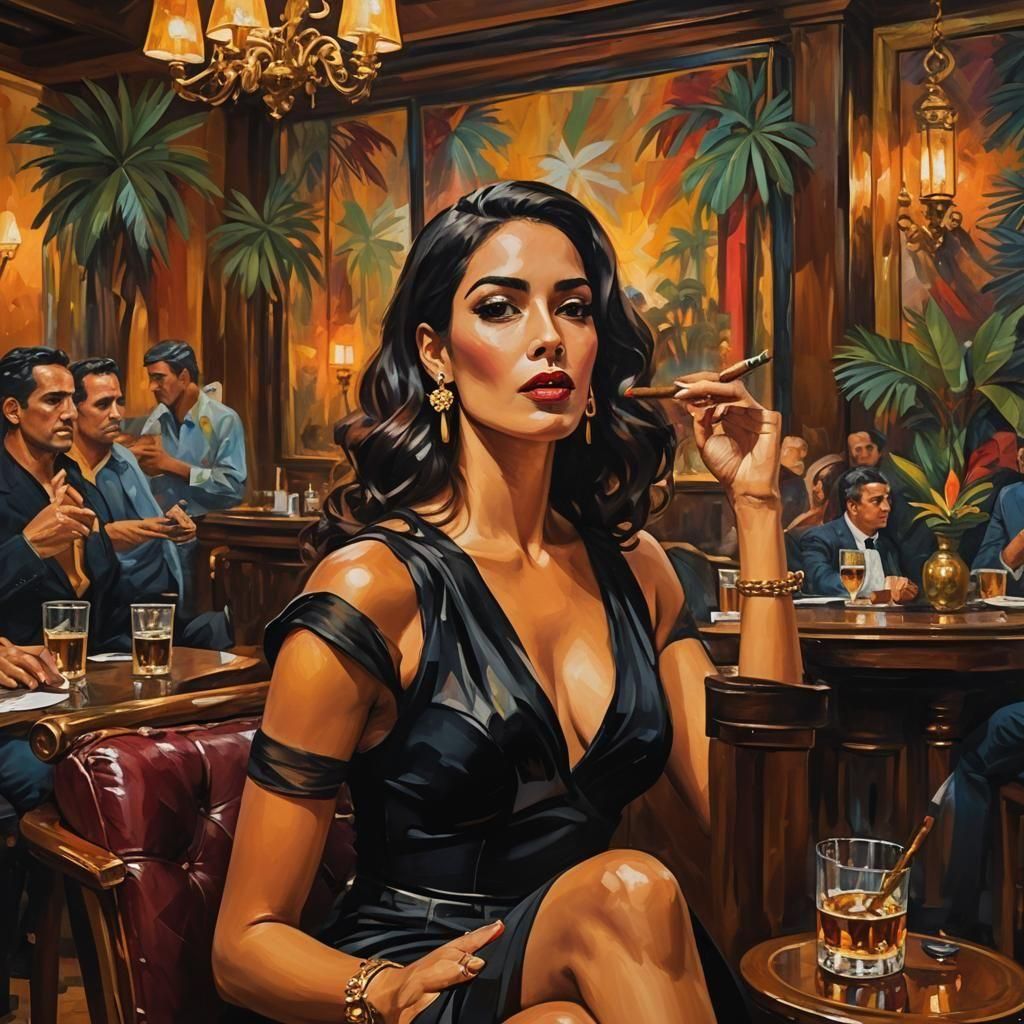 open, cuban art inspired cigar lounge, festive colors, pretty young Latin woman dressed in black dress, smoking a 6 inch cigar, tropical col...