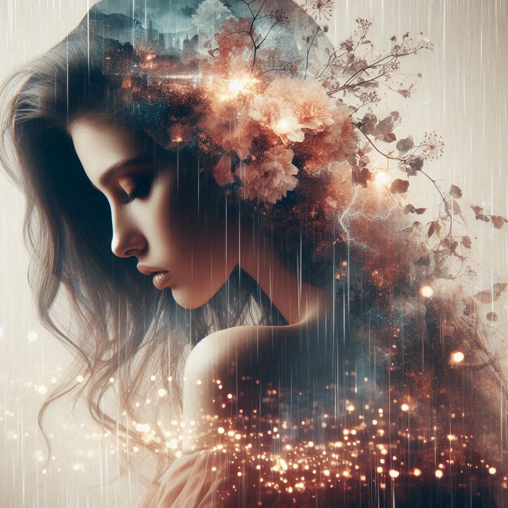 double exposure beautiful fantasy DALL-E 3 portrait landscape..