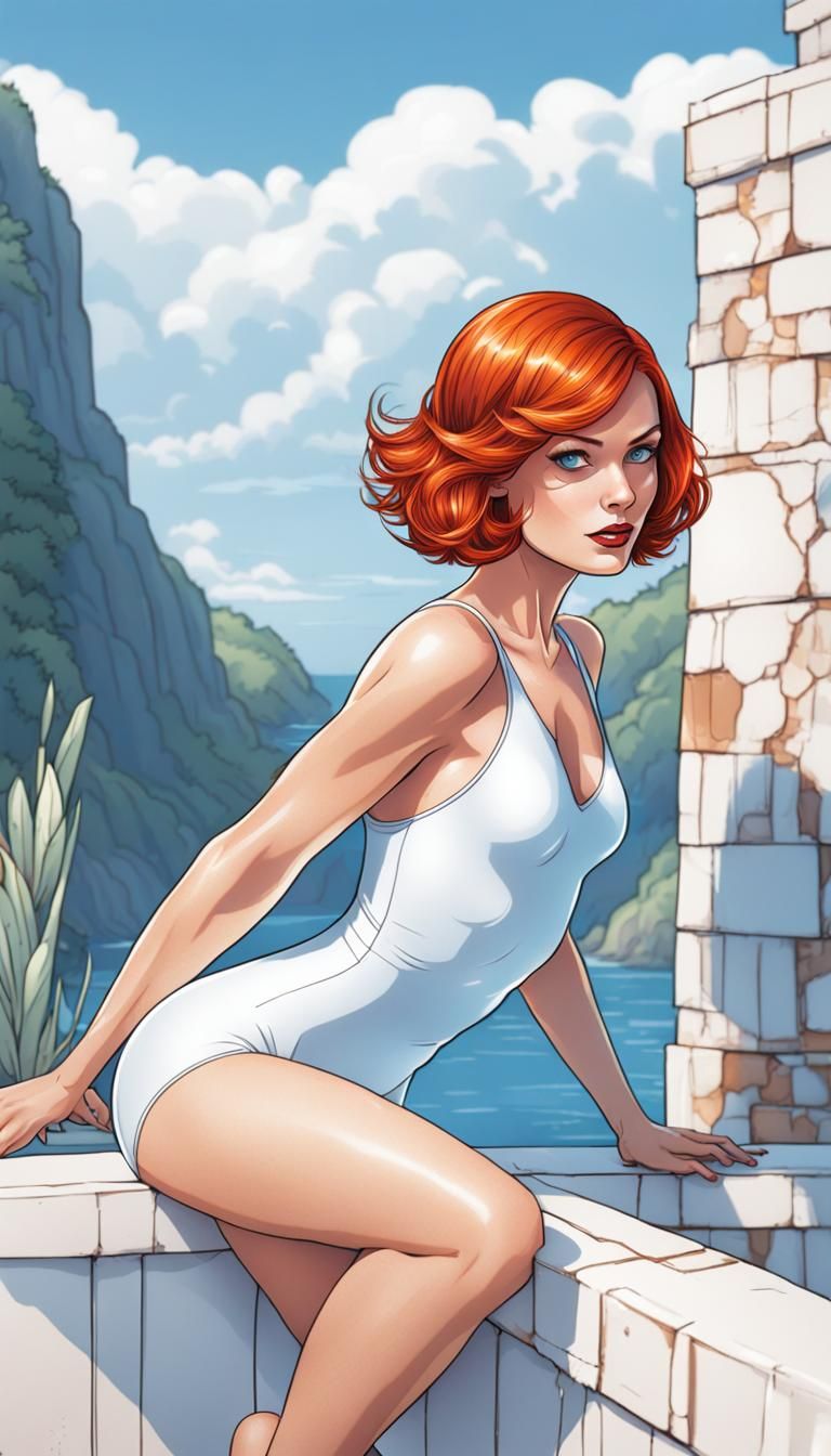 Young redhead woman with short hair and blue eyes wearing a ...