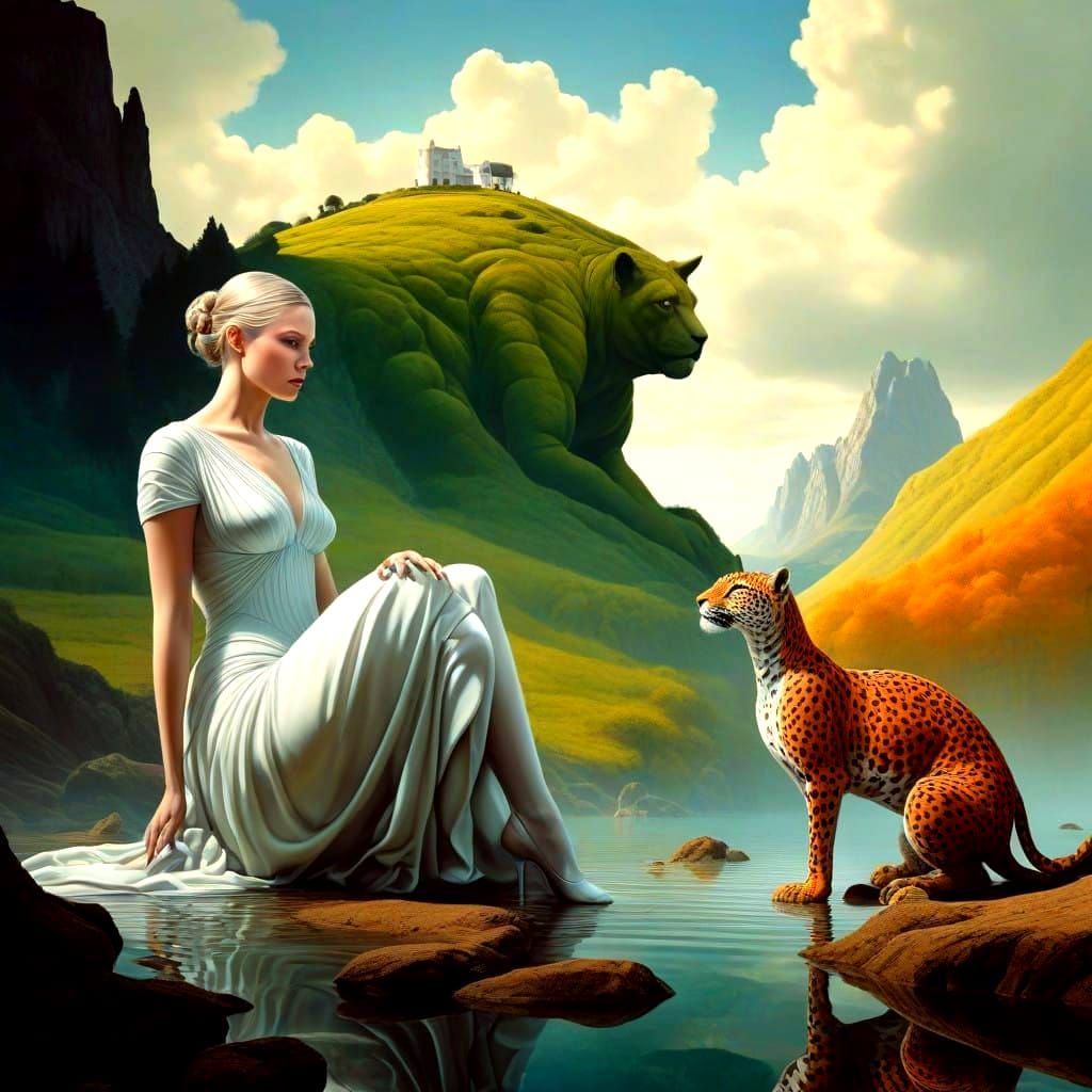 Surrealistic Portrait of a Lady in a Fantastical Landscape