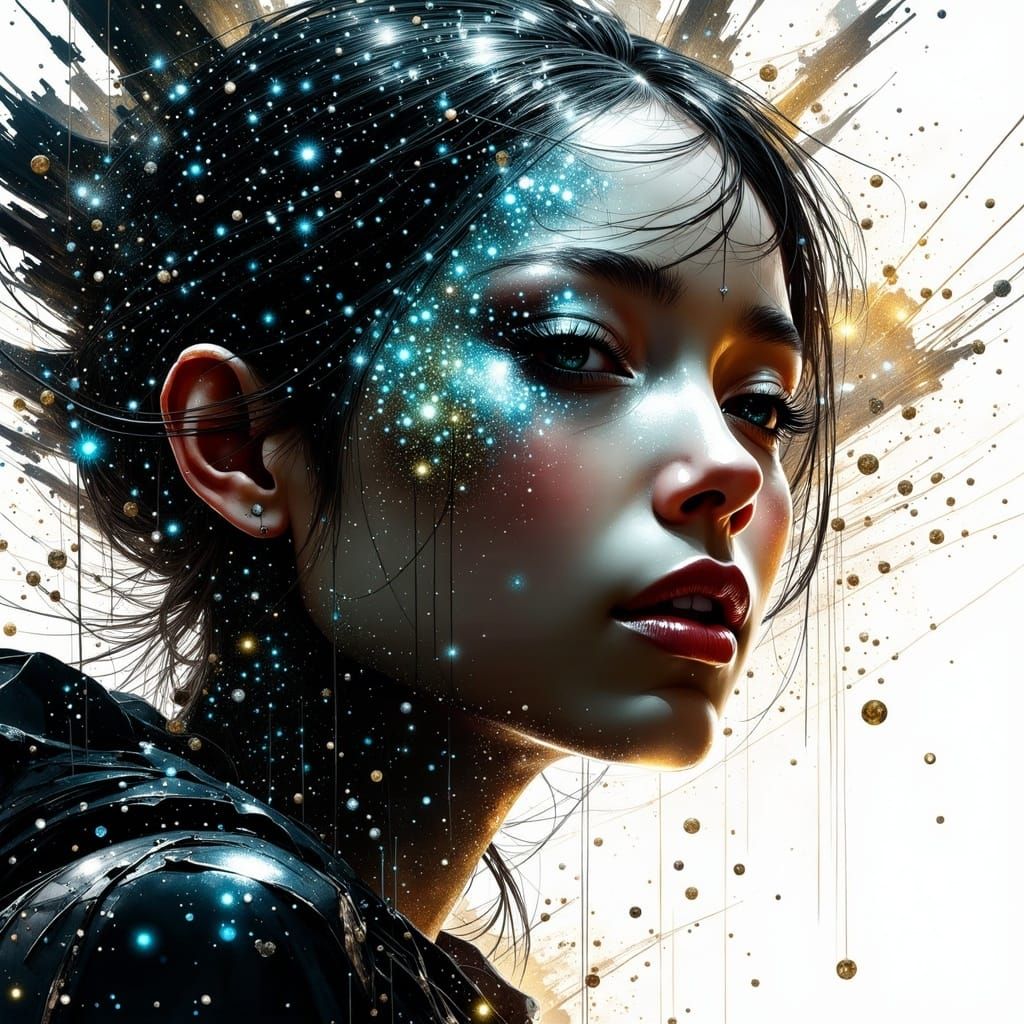 <lora:Make it sparkle:1.0>8k; crazed sci fi woman: face portrait, gold blue white red by Jeremy Mann, Carne Griffiths, Junji Ito, Robert Oxl...