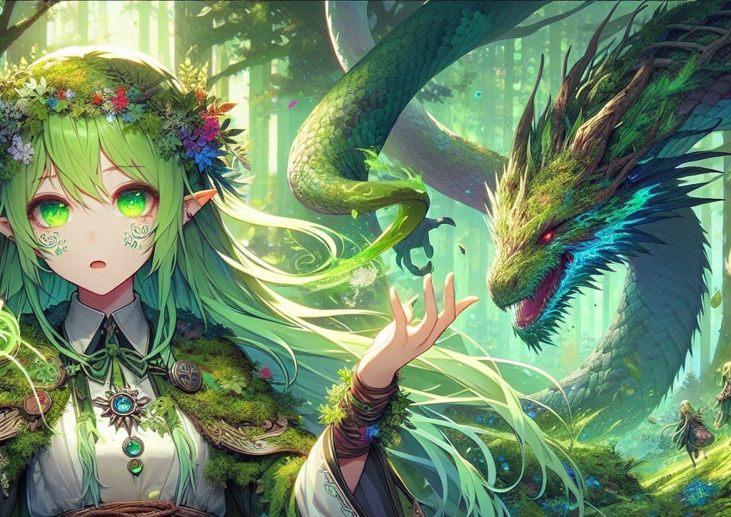 Anime druid dryad girl with long lime green hair and bright green eyes with her body covered in mossy ...  by @louwhodoodle 
