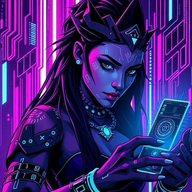 An Amazonian warrior, reimagined as a cyberpunk hacker, deep...