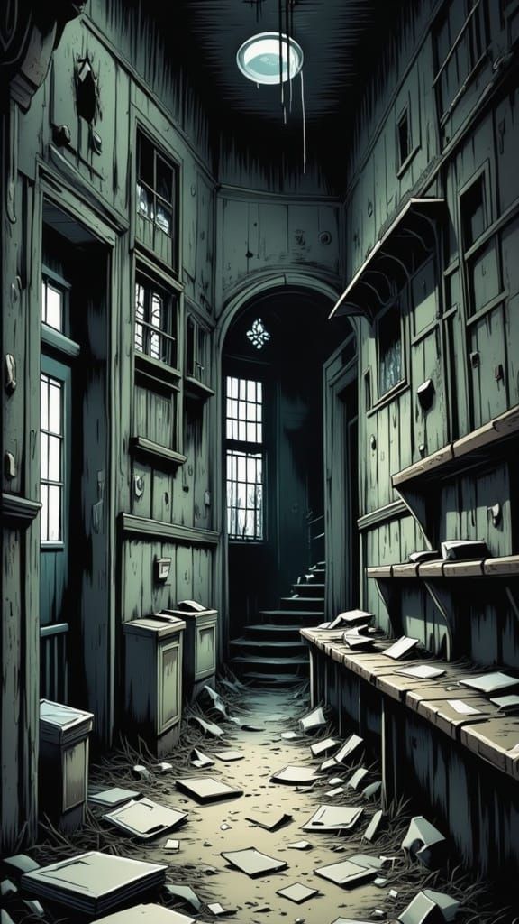 **Abandoned Asylum** - A dilapidated, overgrown mental hospital with broken windows, peeling paint, and rusted beds, echoing with faint whis...