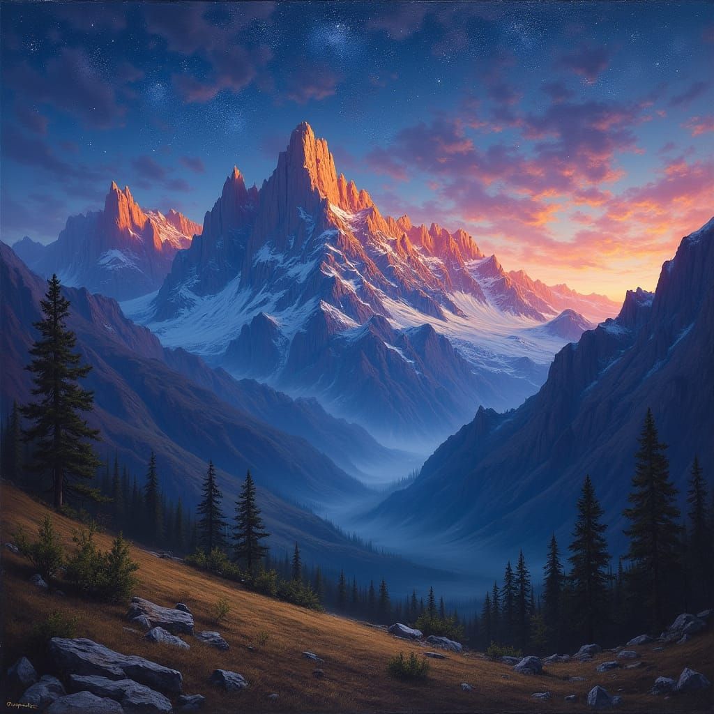 The mountains at night, award-winning painting, night scene, deep blues, rich colors, stars above 