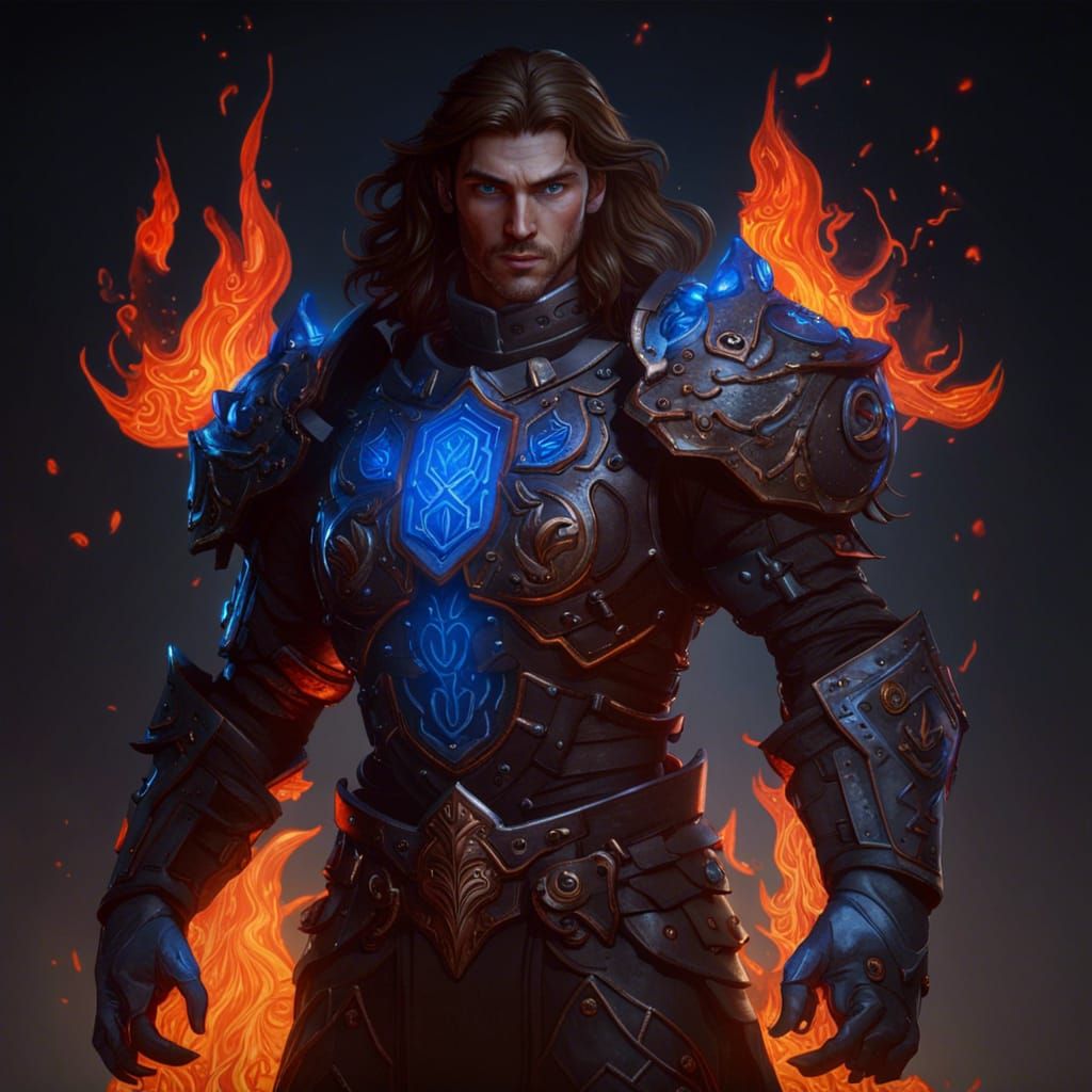 man brown hair blue eyes armor hell fire lava DND Dungeons and dragons ...