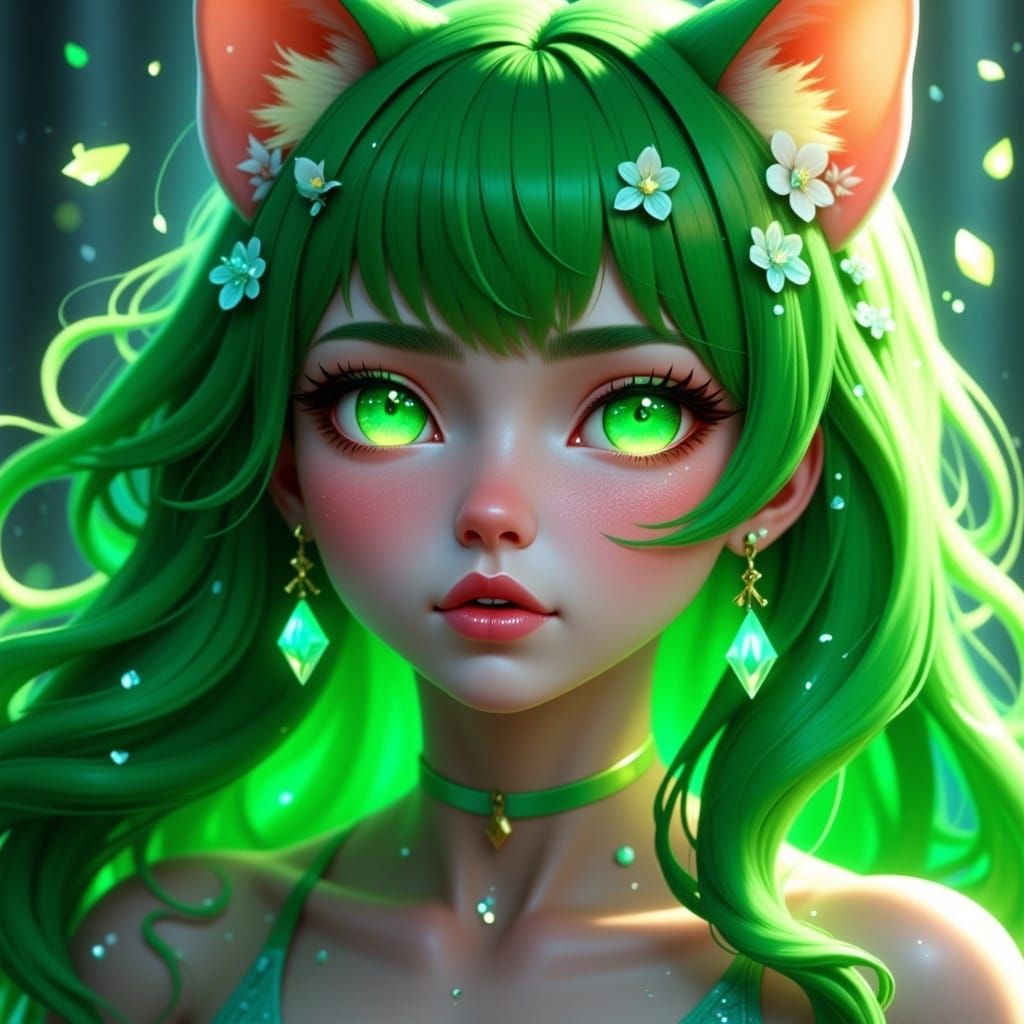 <lora:EthierUnreal Fx:1.0>, cat girl, anthropomorphic cat girl, lush flora, green glowing flower eyes, long hair, detailed head and shoulder...