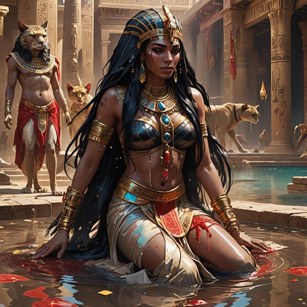 A stunningly beautiful Egyptian Queen with long flowing iredescent black colored hair is wearing a transparent iredescent cover and bare ski...