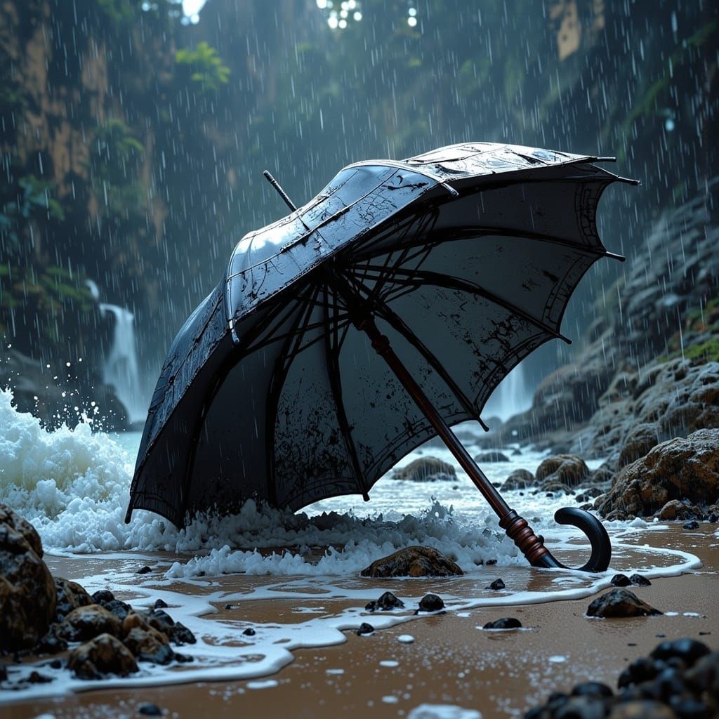 <lora:Wild Beauty:1.0> an overturned umbrella lies on the gr...