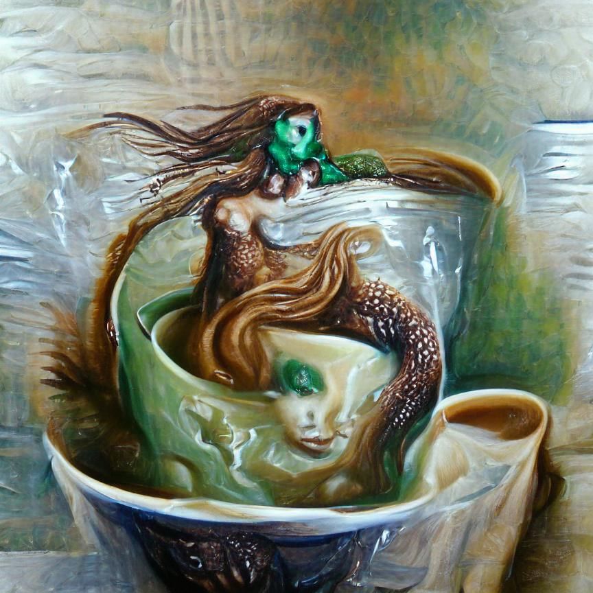 Green Mermaid in a cup of coffee. Oil Painting