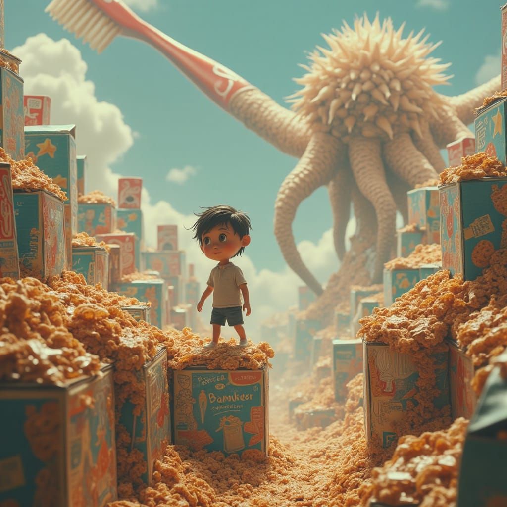 A tiny figure stands atop a gigantic cereal box