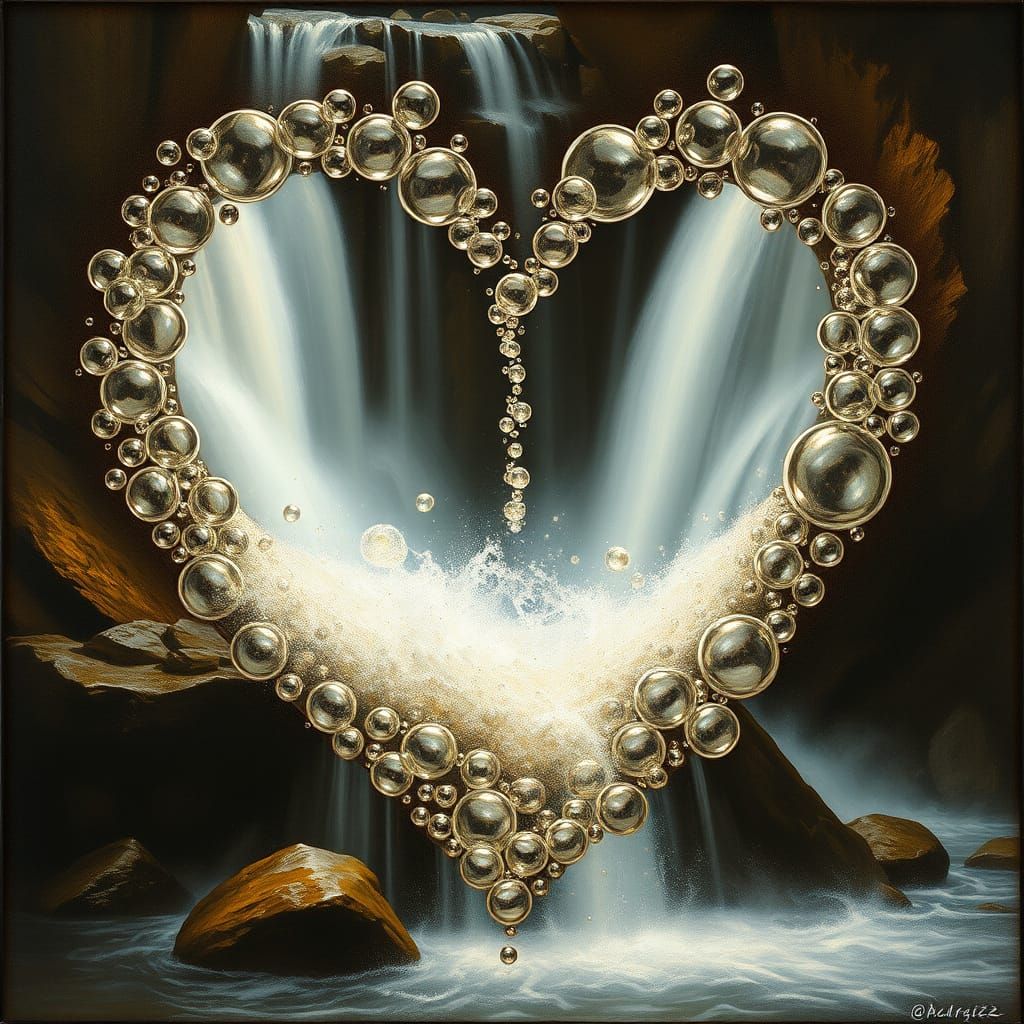 Heart-shaped framed photo of bubbles erupt from the waterfall. Creative. High detailed. DaVinci2.  by @Milos Vojvodic