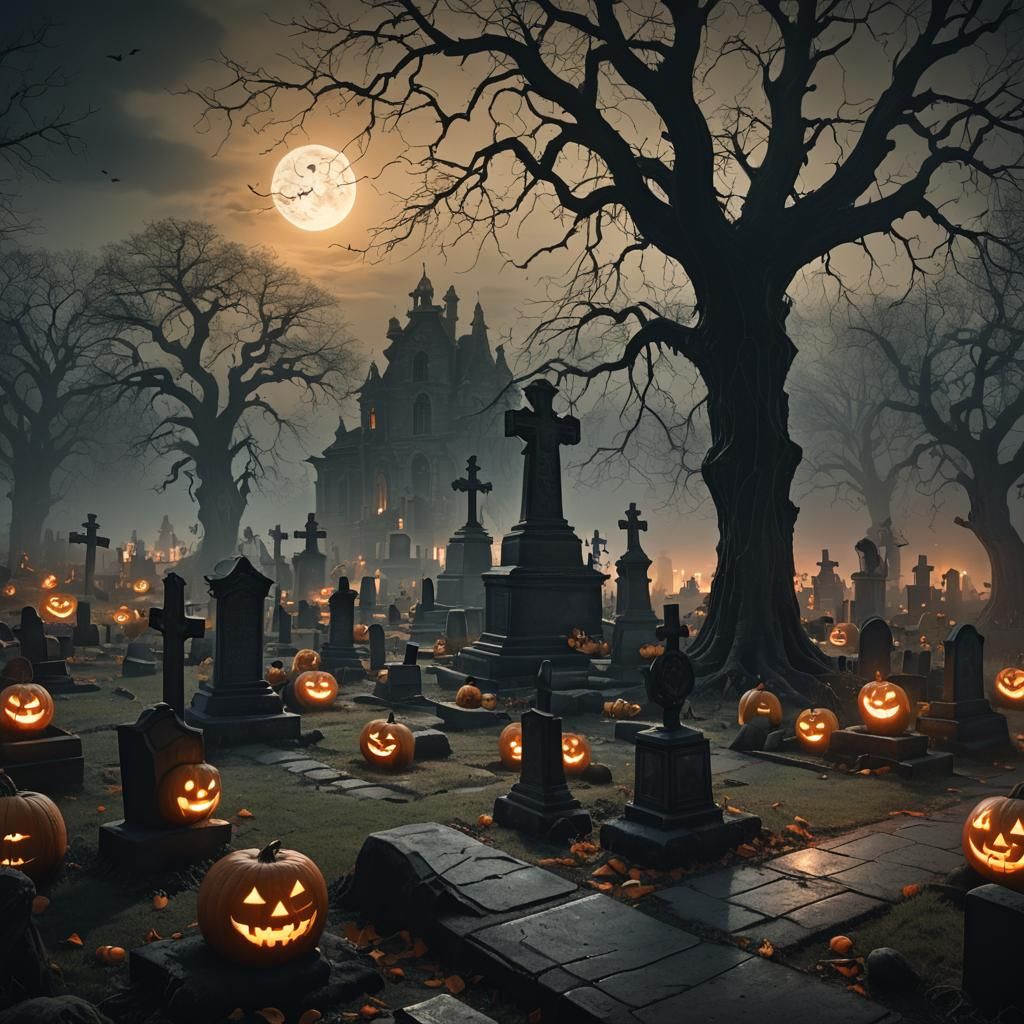 All Hallows’ Eve. The scene features a misty, moonlit gravey...