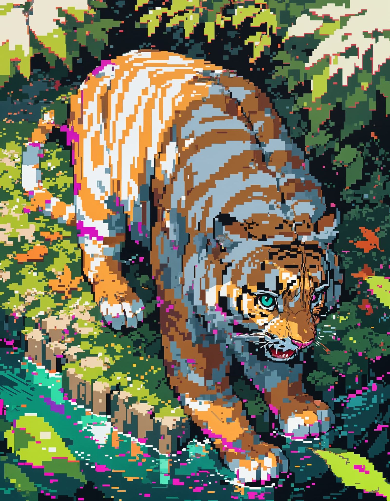Glitch Pixel Art Tiger with Chromatic Aberration