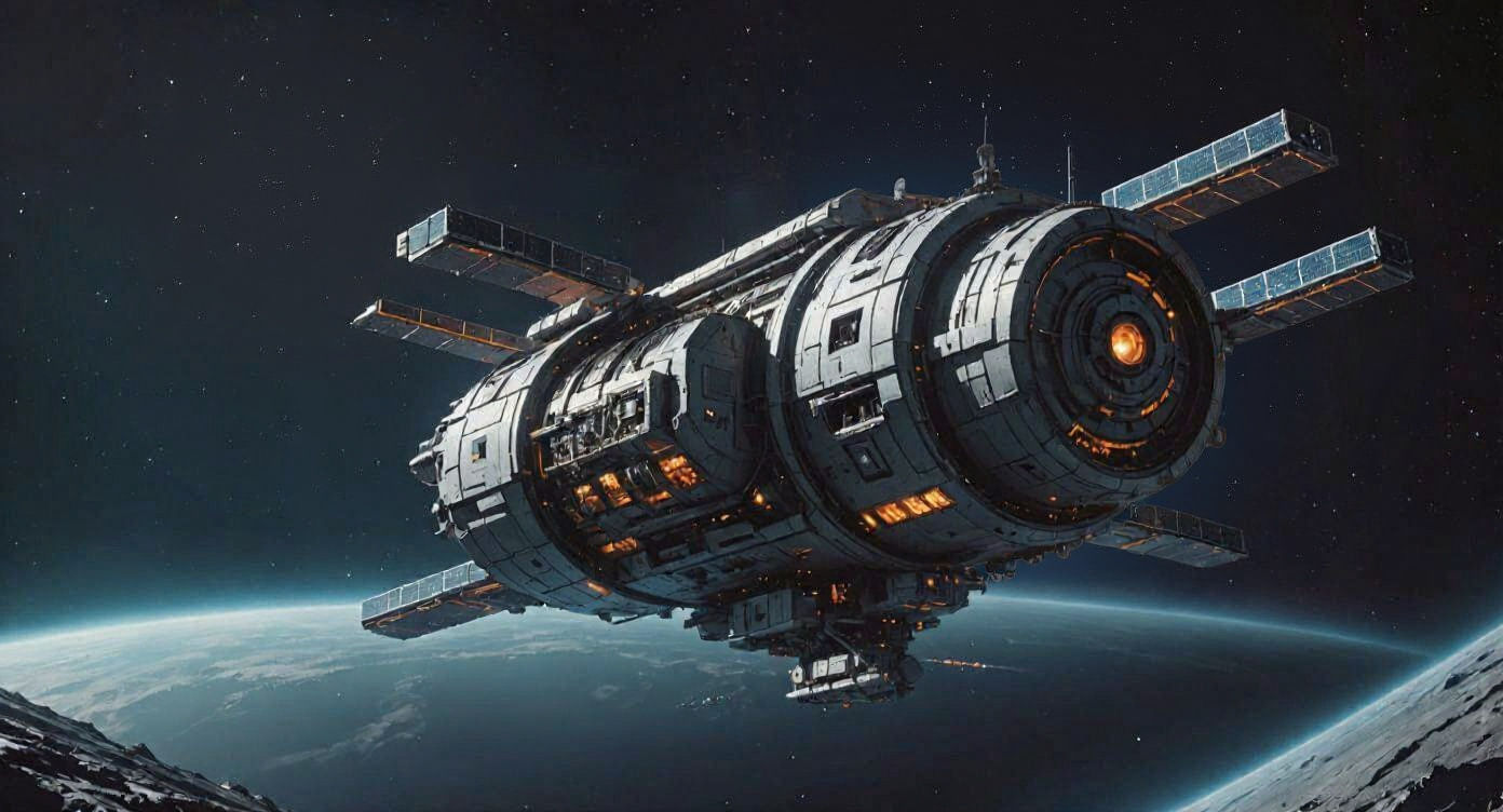 Large satellite hovering over the mountains of the Moon