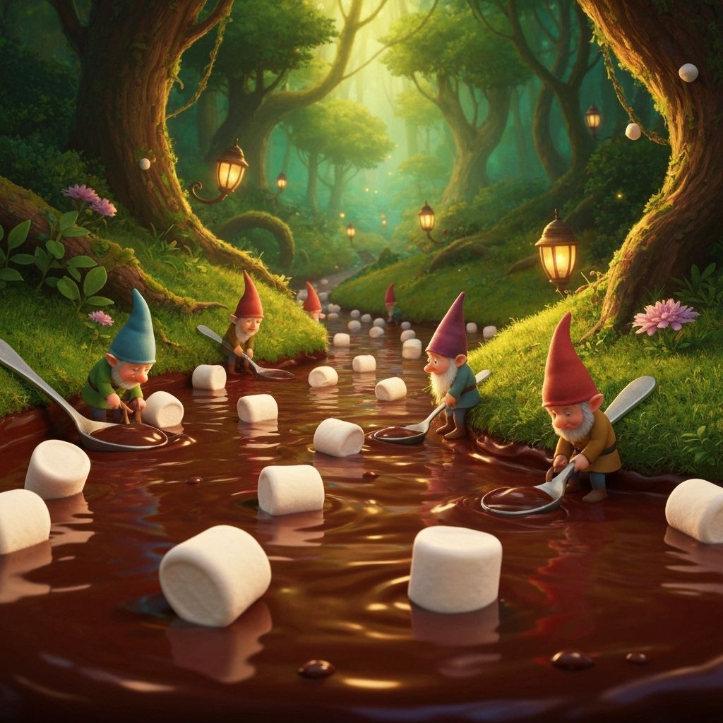 a river of chocolate with marshmallows floating in it flows through a green forest. Gnomes dip spoons into it. cute, fantasy, super detailed...