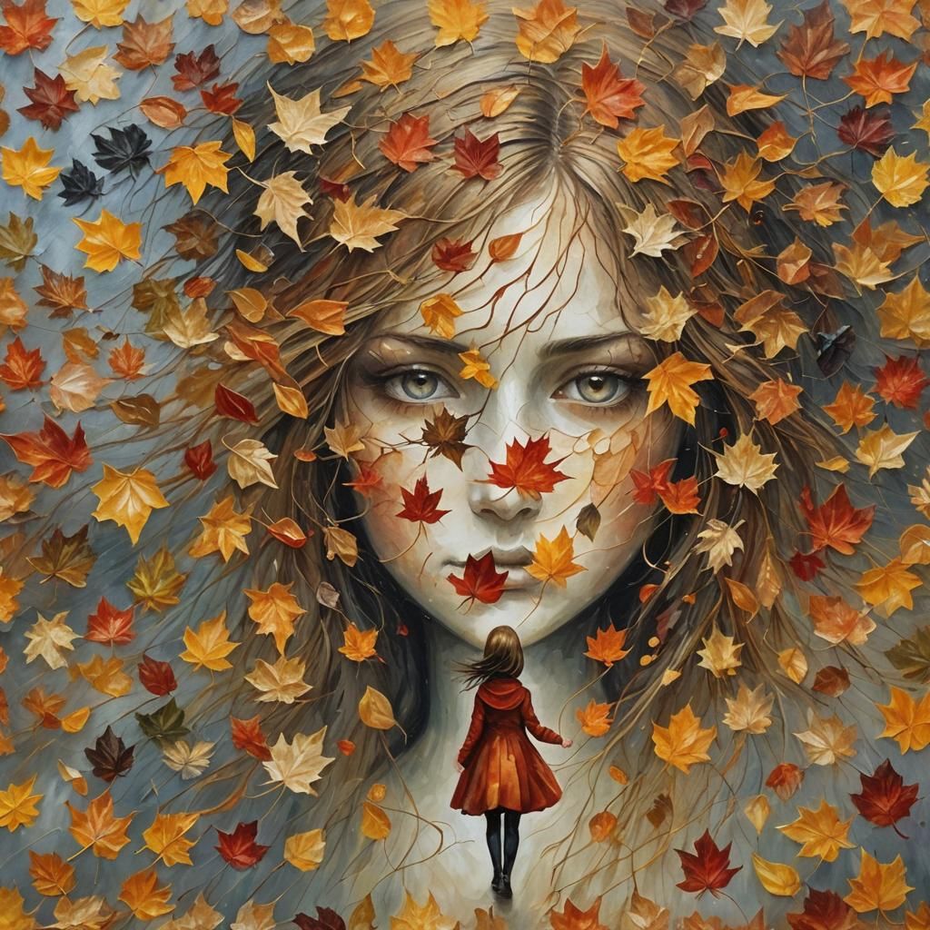 A beautiful autumn leaf in the shape of a faceless tiny woman figure, dozens of different strands blowing ...  by @Luna