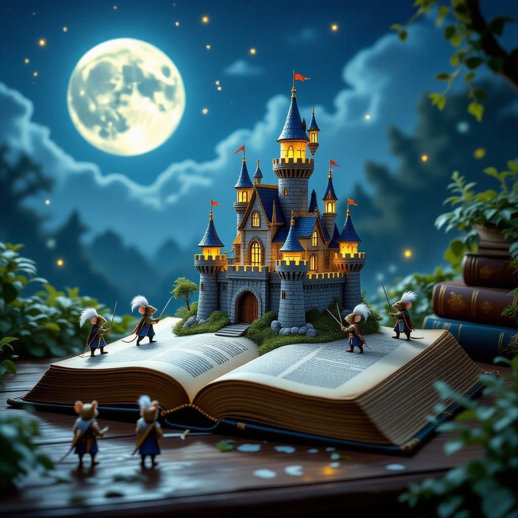 Mystical Scene Unfolds Under Soft Moonlight with Ancient Cas...